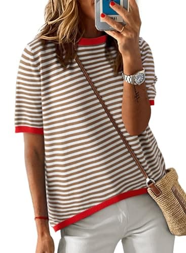 Dokotoo Tops for Women Trendy Summer Crewneck Short Sleeve Color Block Shirts for Women Fashion Knitted Top 2025 Sweaters Women's Clothing Lightweight Spring T-Shirt Brown Large