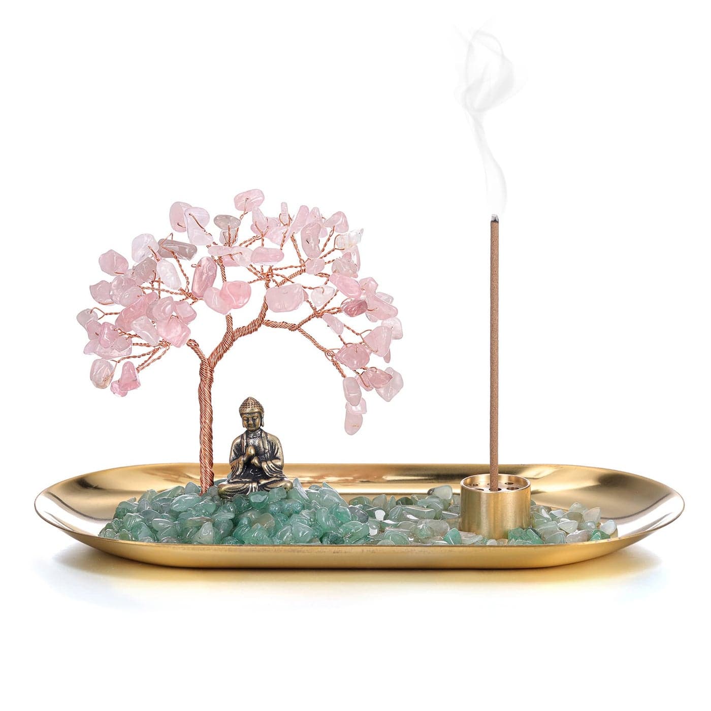 Jovivi Crystal Incense Holder for Sticks Rose Quartz Healing Crystal Stone Money Tree Buddha Statue Set Incense Burner Incense Trays for Wealth Good LuckYoga Meditation Home Decor