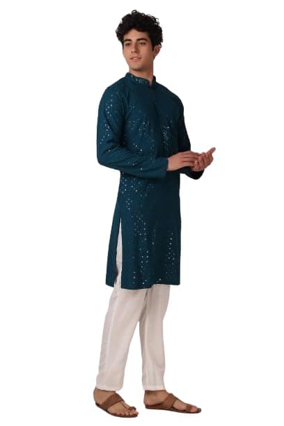 LookMark Present Men's Pure Rayon Chikankari Sequins Kurta||Men's Chikankari Rama Coloured Kurta|| AZ-LM-OG-Kurta 11 RAMA-M
