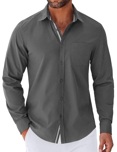 COOFANDY Men's Button Down Shirt Long Sleeve Casual Dress Shirts with Pocket Dark Grey