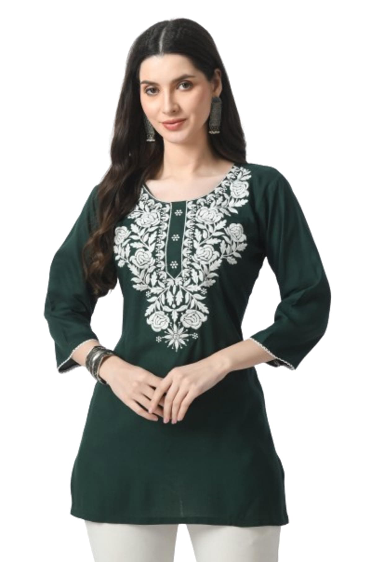 LIBOZA Rayon Kurti for Women - Short Chikankari Kurtis for Girls, Lakhnawi Tunic Top Kurta Design for Ladies, Woman Ethnic Kurthis & Shirt with Sleeve (Medium, Green), Regular Fit
