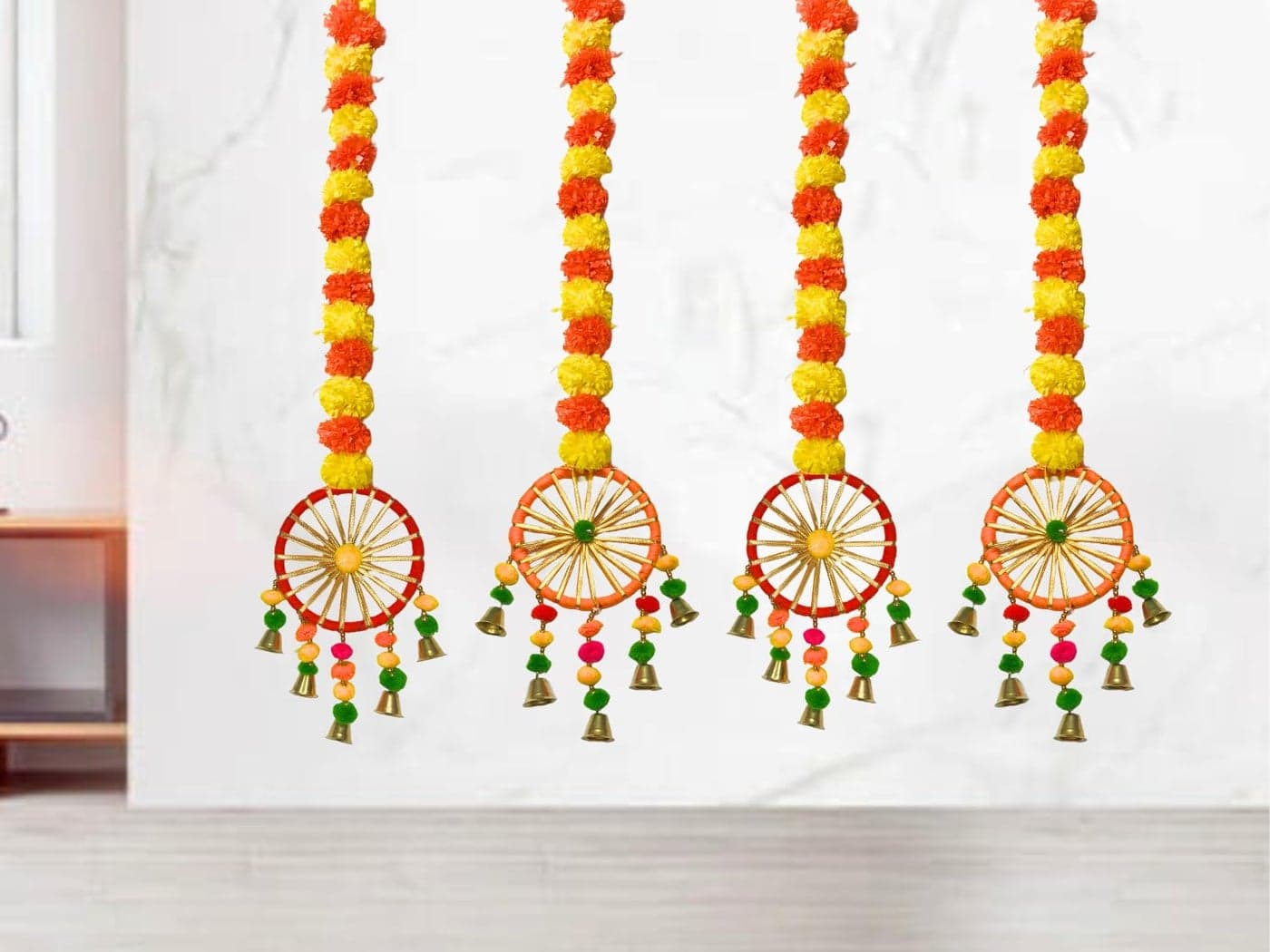 DRYPHON Artificial Marigold Flowers with Pom Pom Ring Bell Hanging Garlands for Home, Diwali & Wedding Decoration (Pack of 4)