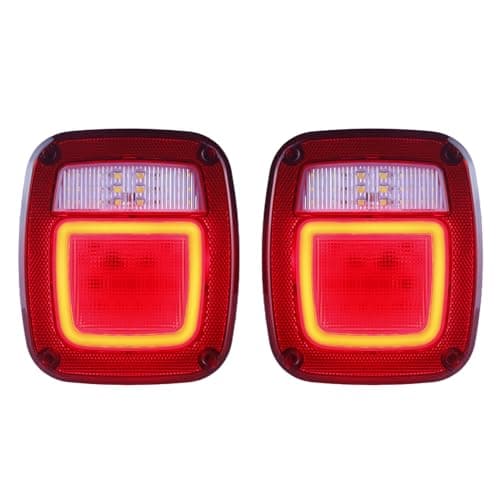 XtraGlow Halo Tail Lights Assembly Square Rear Combination Tail Lamps with Passenger and Driver Side Marker Stop Turn Signal Brake Lights Replacement for 1979-2006 Wrangler TJ YJ CJ5 CJ7 Red, 2Pcs