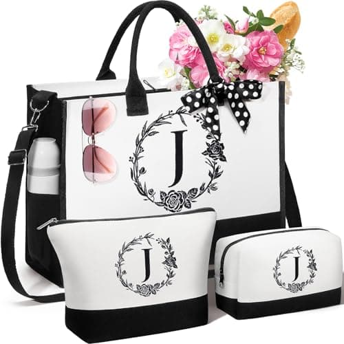 Personalized Gifts for Women, Initial Canvas Tote Bag & Makeup Bag Monogrammed Beach Tote Bags for Women w/Zipper, Valentines Day Birthday Gifts for Her Wife Girlfriend Mom Sister Best Friend Teacher
