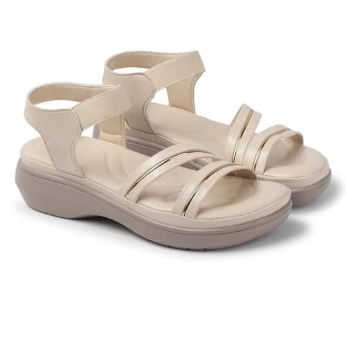 Ladies Hub Stylish Women's Wedge Sandals Platform Heels with Extra Soft Cushioned Footbed, Ankle Strap & Open Toe Style, Cream - 7UK
