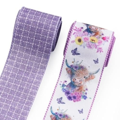Estivaux 2 Rolls Spring Calf Ribbons for Wreath Bows 2510 Yards Wired Edge Ribbon Purple Flowers Burlap Ribbons Alpine Cattle Wired Ribbon for Crafting Sewing Supplies
