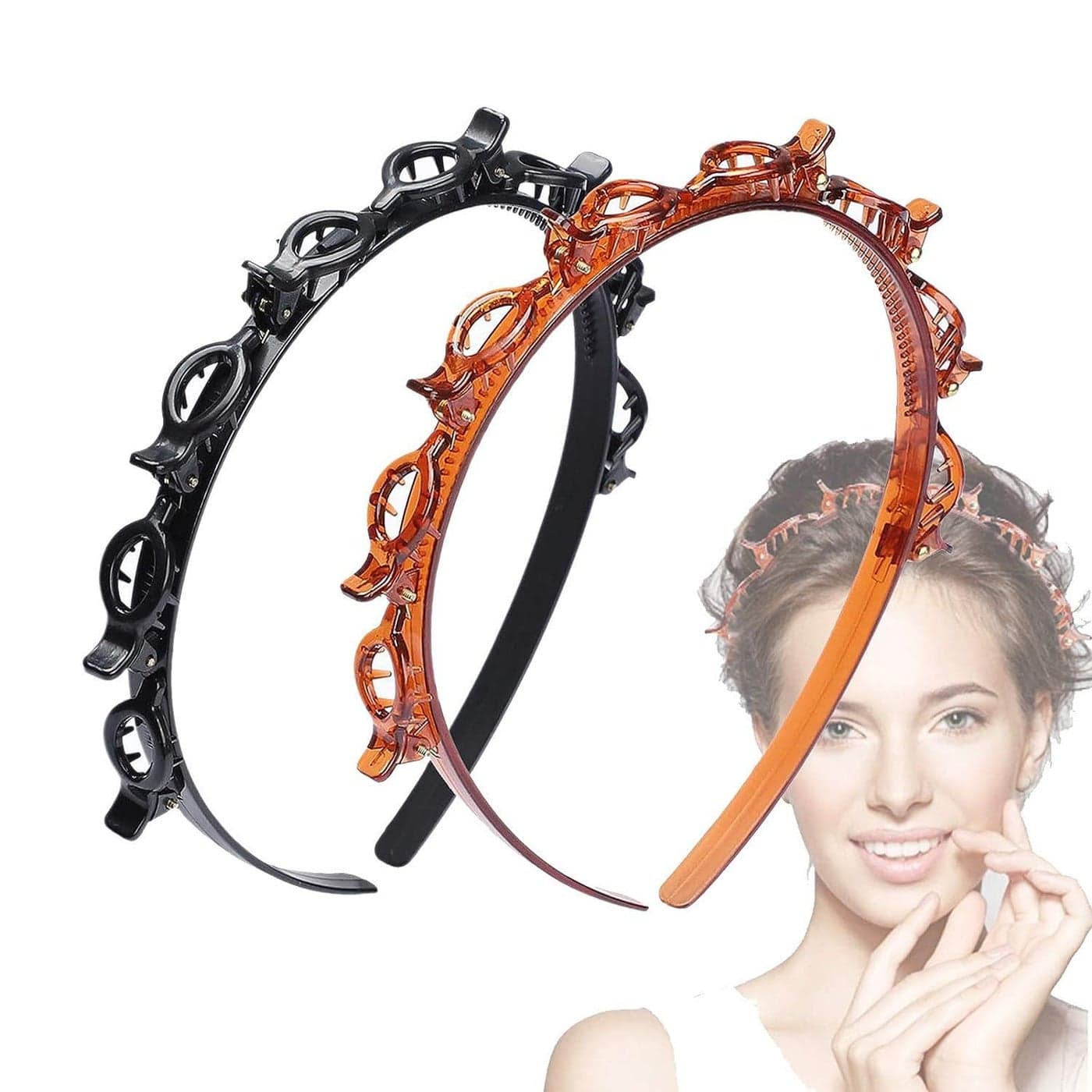 Double Layer Twist Plait Black Headband Hair Tools Double Bangs Hairstyle Hairpin MultiLayer Hollow Woven Headband Headband with Alligator Clip Brown