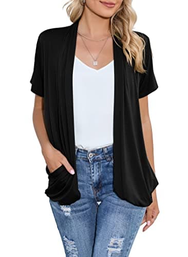 HIYIYEZI Lightweight Summer Cardigan for Women Drape Short Sleeves Open Front Cardigans with Pockets (Large,Black)