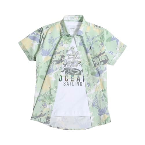 CAVIO Boys Cotton Regular Fit Pista Green Floral Print Half Sleeve Shirt with T-Shirt, 14-15 Years