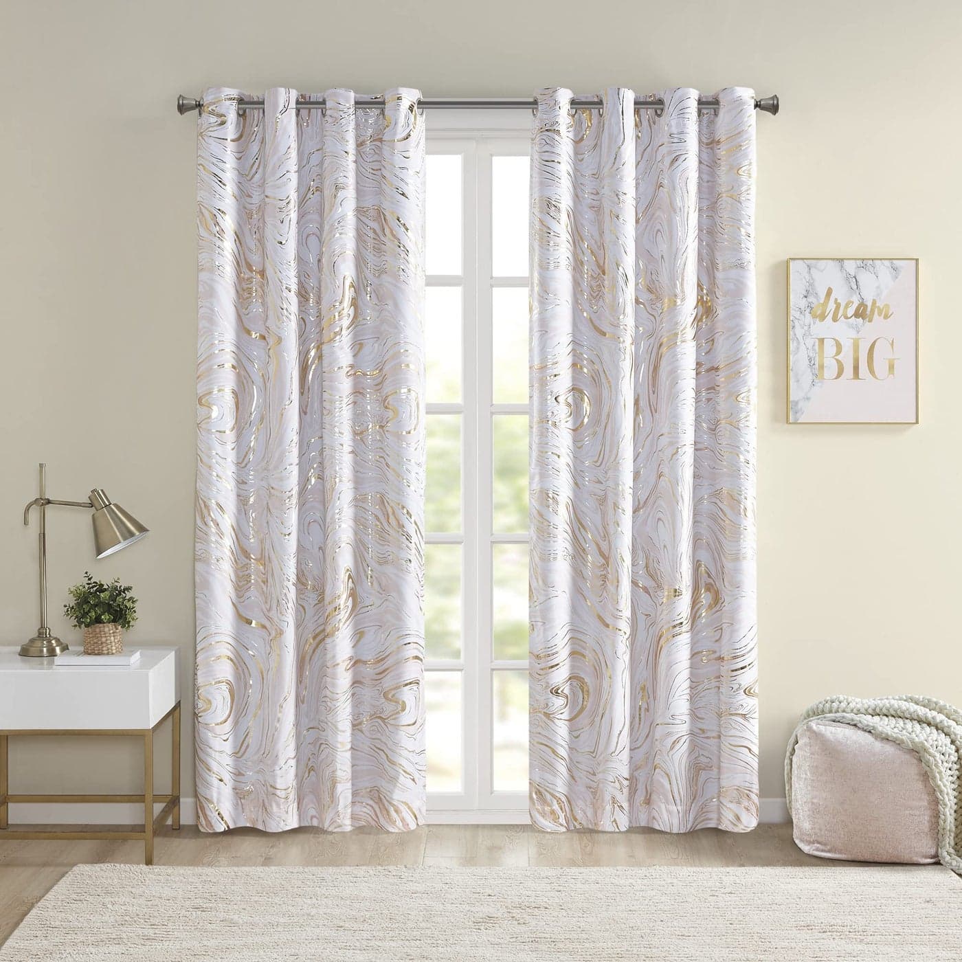 Intelligent Design Rebecca Total Blackout Curtains Metallic Marble Print Grommet Top Living Room Decor Thermal Insulated Light Blocking Window Drape for Bedroom Apartments 63 Panel BlushGold