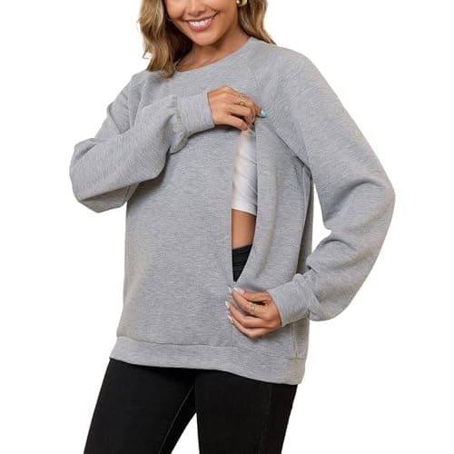 DEBELLY Nursing Sweatshirt for Women Breastfeeding Nursing Friendly Unique Dual Zipper Design Long Sleeve Crew Neck Casual Breast Feeding SweaterDark GreyM