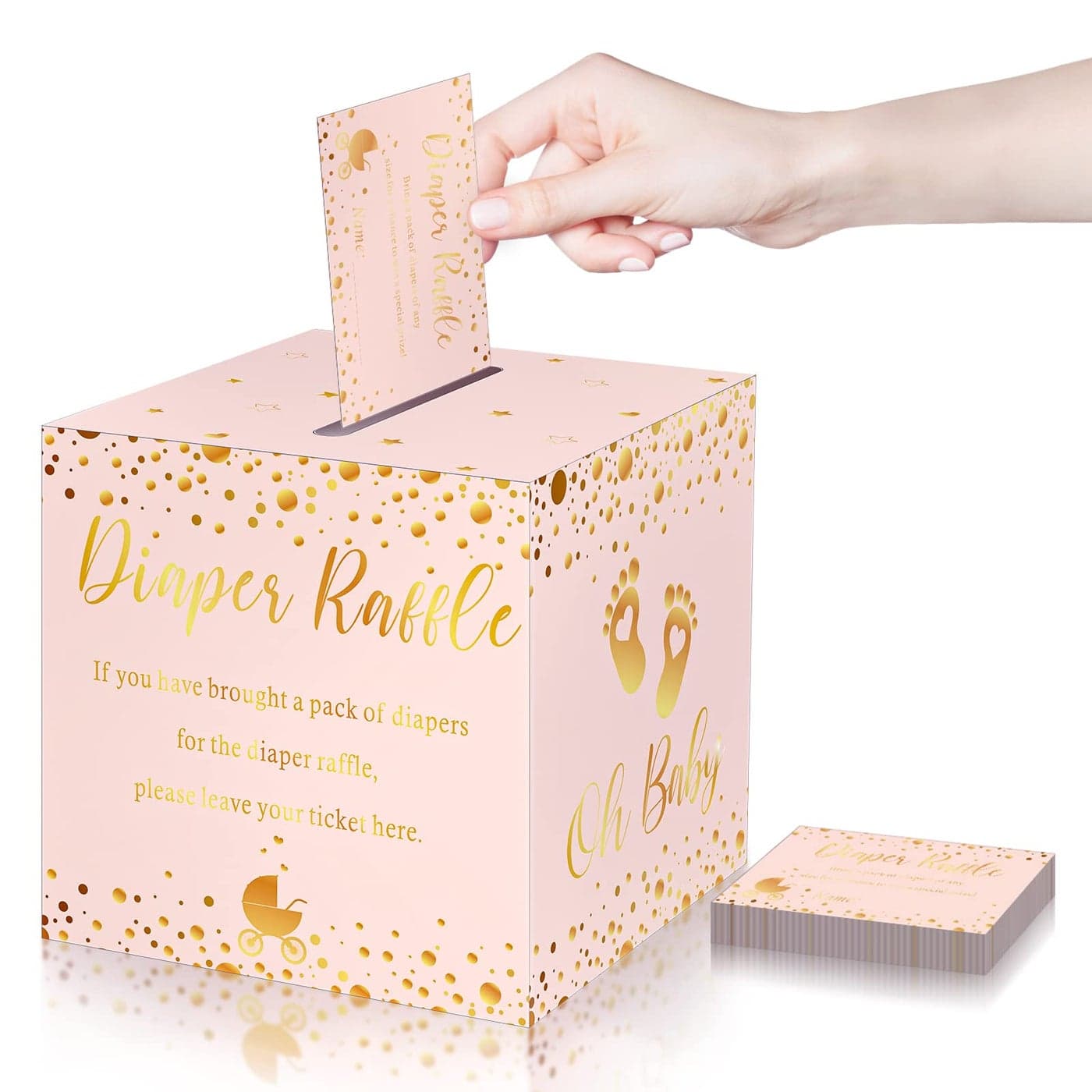 Funrous 50 Diaper Raffle Tickets with Box for Baby Shower Game Invitations Diaper Raffle Card for Gender Reveal Baby Shower Party Decoration Table Centerpiece Rose Gold