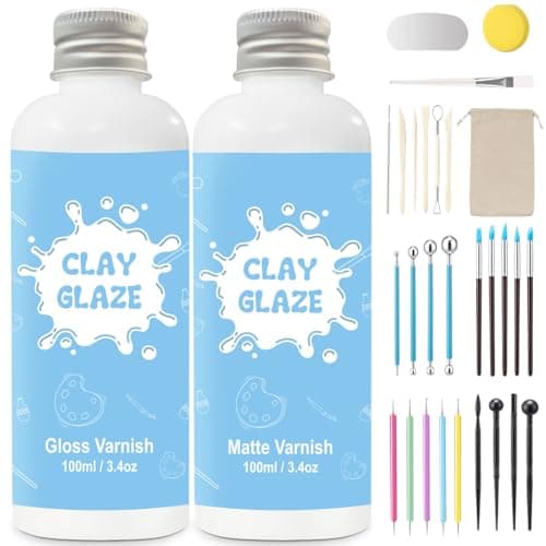 EIGTWEN 2 x 100ml Air Dry Clay Glaze and 29pcs Clay Tools Kit Gloss Airdry Varnish Protects Pottery from Surface Wear Pottery Tools Can be Used for Stippling Carving MoldingGlossMatte