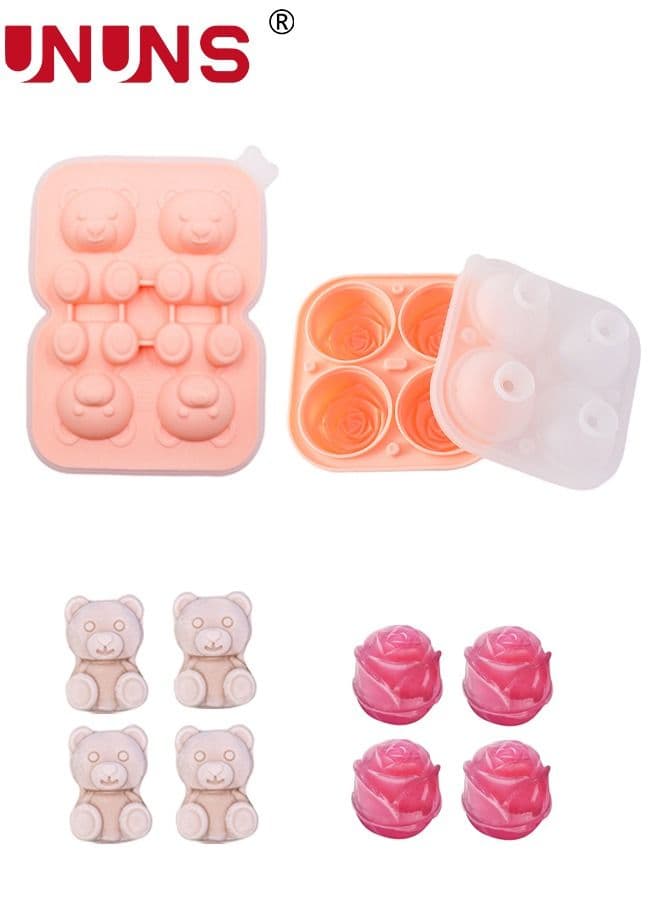 2Pcs Ice Cube Tray, Bear Ice Tray and 3D Rose Ice Molds for Freezer, Cute Shaped Ice Cube Mold with Funnel Lid for Chilled Drinks, Cocktails Juice and More