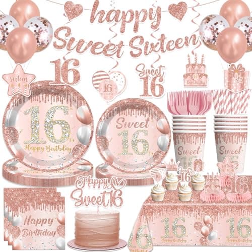 cocomigo Sweet 16 Party Decorations Pink with Cake Topper 25 Serves 16th Birthday Disposable Tableware Set with 2pcsTable Cloth with Cake Topper Centerpieces Banner for Girls Birthday Party
