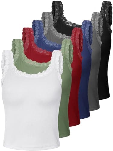 Hicarer 6 Pieces Lace Camisole Tank Tops Lace Trim Camisole Straps Womens Cami Undershirt Ribbed Tank Tops for Women(L Size,Black, Dark Gray, Navy Blue, Wine Red, Military Green, White)