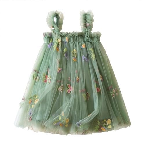 NNJXD Baby Girl Tulle Dress Casual Strap Sleeveless Flower Embroidery Toddler Dresses 2107 Green Size(100) 2-3 Years