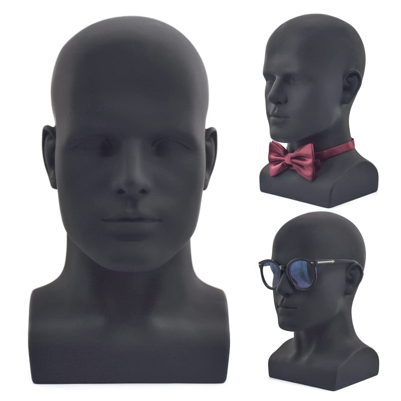 FLWAI PVC Matte Black Male Mannequin Head Display Head Stand Wig Display Head Model Men Manikin Head Dolls for Display Headset Headphone Game Console Hats Wigs Jewellery Matte Black