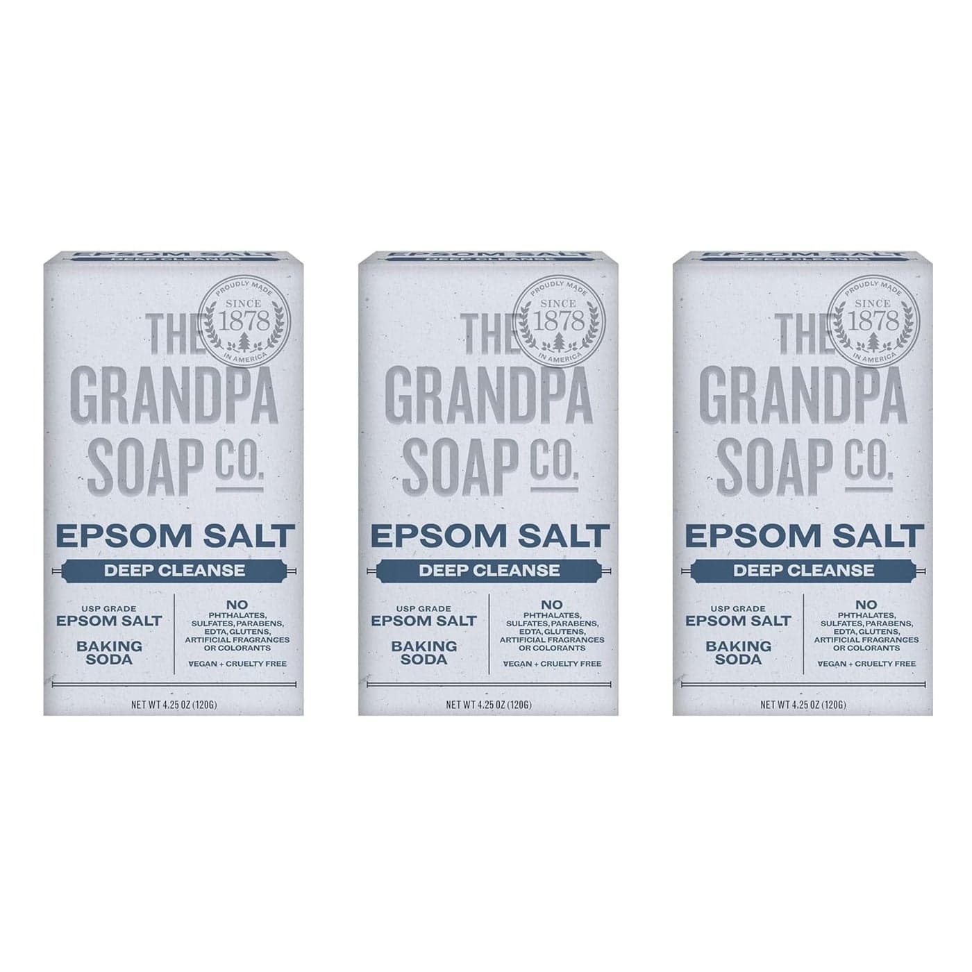 The Grandpa Soap Company Epsom Salt Bar Soap - Deep Cleansing Soap, Made with Epsom Salt and Baking Soda, Removes Dirt Grease and Grime, Vegan, For Face and Body, 4.25 Oz, 3 Pack