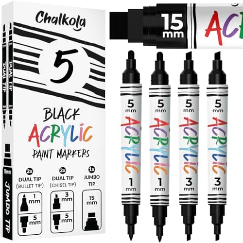 Chalkola 5 Acrylic Black Paint Pen Dual Tip Fine Jumbo Size Ink Pens 1mm 3mm 5mm15mm Permanent Black Paint Marker for Posters Wood Metal Rocks Fabric Canvas Glass Plastic Cabinets