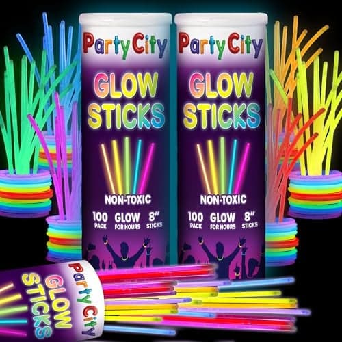 Party City 200 Glow Sticks Bulk Party Pack 8 Neon Glow in the Dark Party Supplies Glowsticks with Connectors Bracelets Necklaces Light Up Favors for Kids Adults Birthdays Parties Decorations