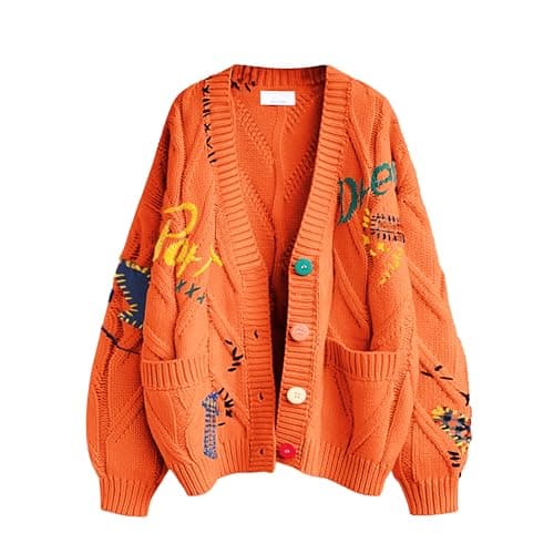 Women's Cable Knit Long Sleeve Open Front Cardigan Sheep V-Neck Button Down Embroidery Wool Blend Sweater Coat Outwear (L, Orange)