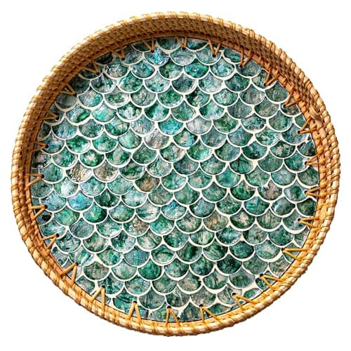 JUNGLE CULTURE Rattan Serving Tray 12" with Mother of Pearl Inlay • Coastal Boho Collection • Handcrafted Woven with Handles for Home • Round Dining Table Tray • Wicker Serving Basket – Cascade