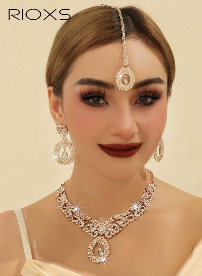 Palace Vintage Necklace, Earrings, and Forehead Pendant Set, Luxury Crystal Bridal Jewelry Set for Indian and Dubai Brides