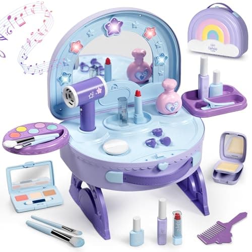 Lehoo Castle Toddler Vanity with Makeup Set Portable Makeup Vanity for Girls with Lights Music Electric Hairdryer Pretend Play Princess Toys for Dress Up Birthday Gifts for 3 4 5 Years Old Girls