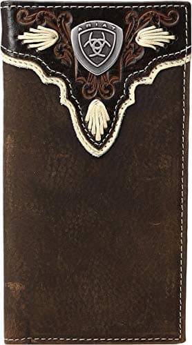ARIAT Men's Rodeo Wallet, Medium Brown Distressed Leather with Embossed Overlay and Ivory Trim, Silver Logo Concho