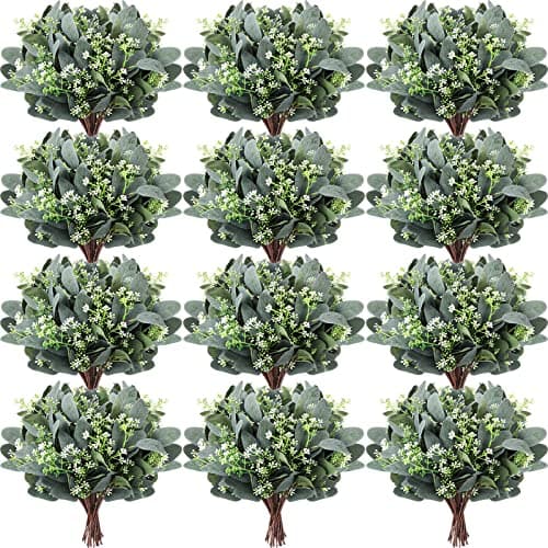 Janinka 60 Pcs Mixed Eucalyptus Leaves Stems Bulk Artificial Eucalyptus Leaves with White Seeds Artificial Silver Dollar Sprays Faux Oval for Floral Wreath Bouquets Wedding Greenery Decoration