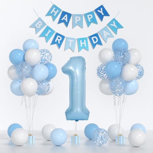 Baby Blue White Balloons And 40inch 1 Balloon First Birthday Decorations For boy With blue White Confetti Balloons Happy Birthday Banner Large 1 Balloon For Baby Boys Birthday Party Decorations