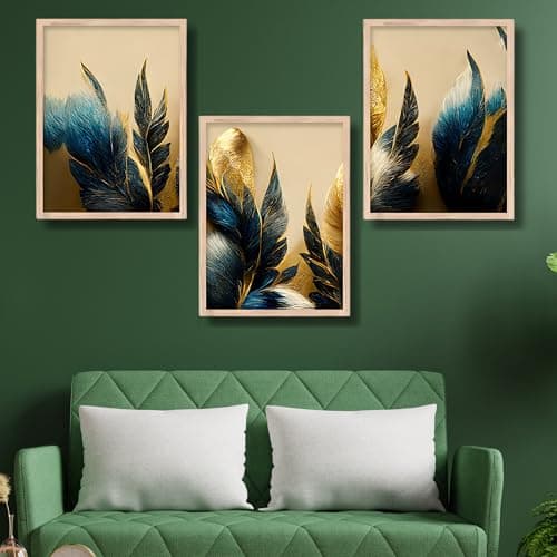 Nozvera Madhubani Modern Leaf Framed Art Set of 3 Pcs | Big Size Wooden Photo Frame | Pichwai Wall Hanging Painting Set for Wall Decoration | Wall Decor Item for Living Room, Home, Bedroom & Office