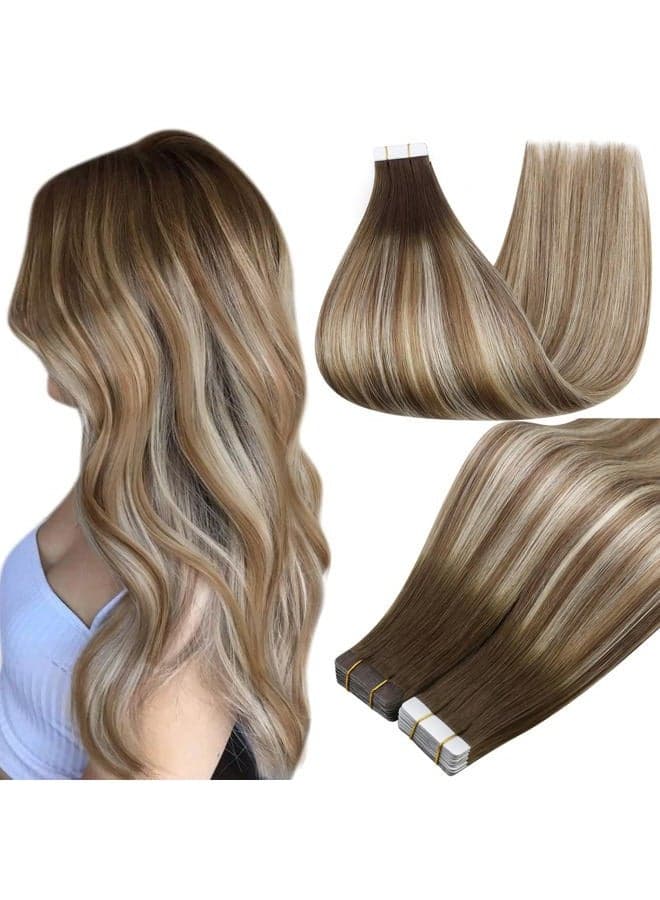 16" Color #3 Fading to #8 Highlighted #22 Medium Blonde Extensions Remy Human Hair Skin weft Balayage Tape Hair Extensions Human Hair 50 Grams Per Pack 20 Pieces