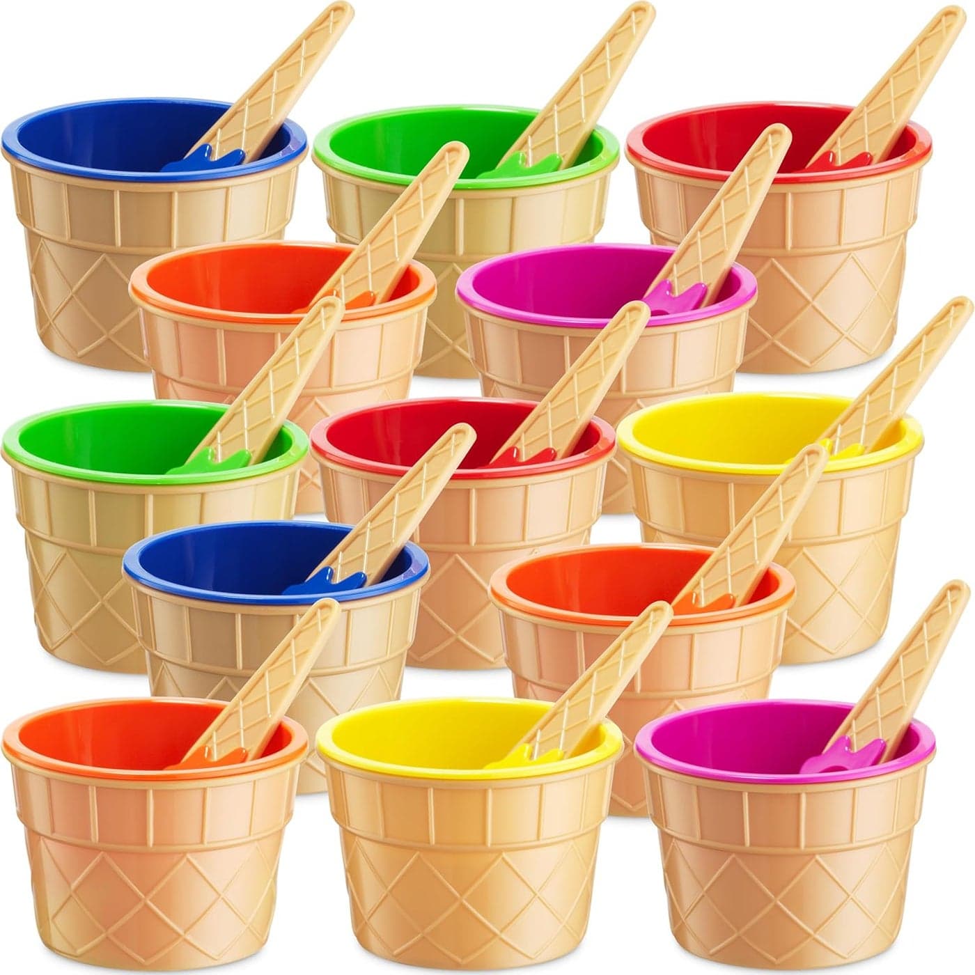JoyServe Ice Cream Bowls and Spoons Set Pack of 12 Reusable Plastic Ice Cream Cups and Waffle Cone Shaped Spoons for Dessert Frozen Yogurt Gelato Birthday Party Decorations