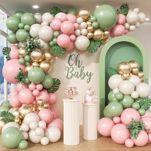 HKYOOD 152Pcs Pink and Green Balloon Garland Arch Kit Sage Green and Pink White Sand Gold Different Size Balloons for Girl Baby Shower Wedding Birthday Jungle Safari Woodland Party Decorations