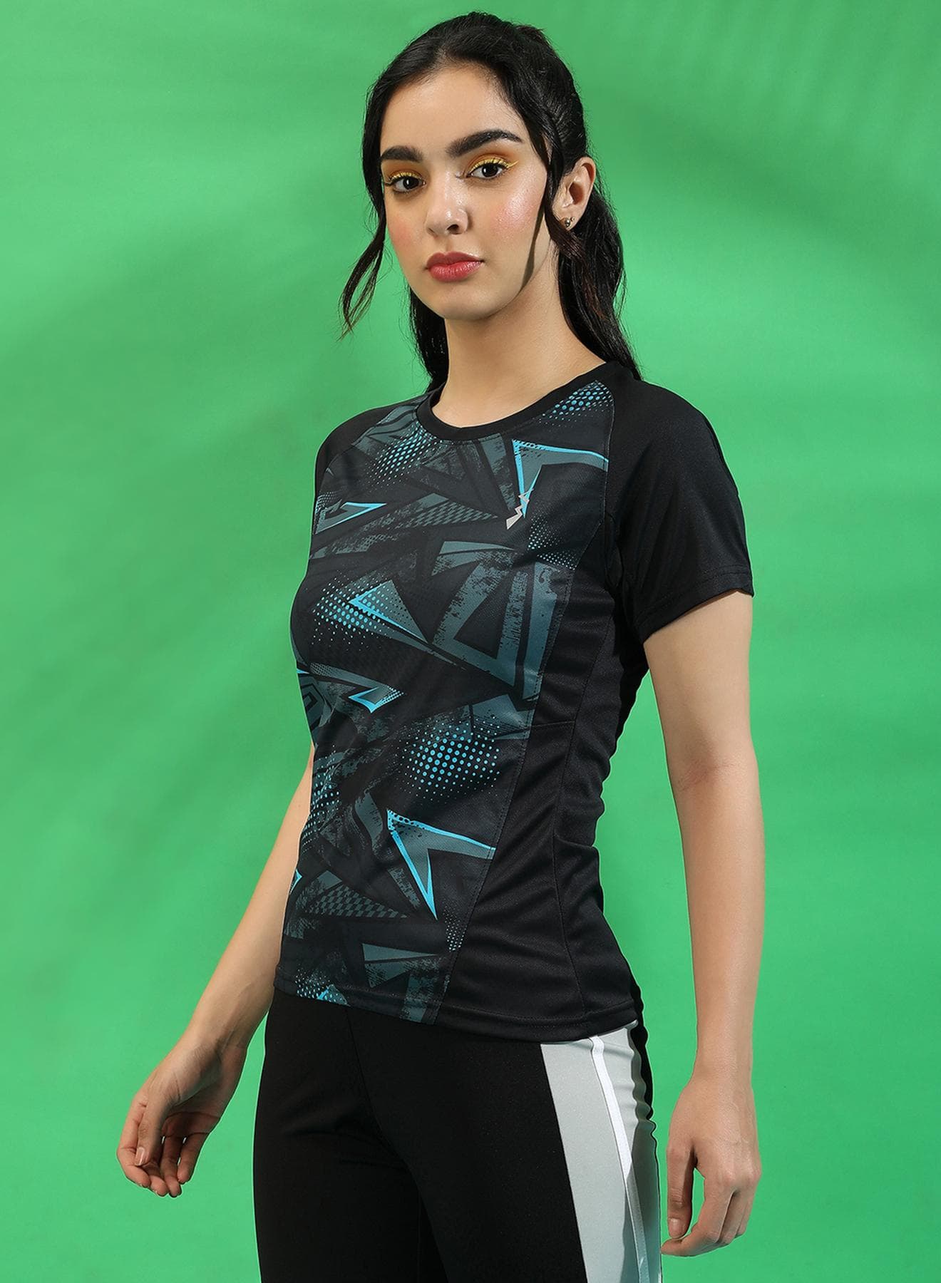 Women's Black Abstract Print Dri-Fit Short Sleeve Regular Fit Activewear T-Shirt For Casual Wear | Jersey T-Shirt Crafted With Comfort Fit And High-Performance For Everyday Wear