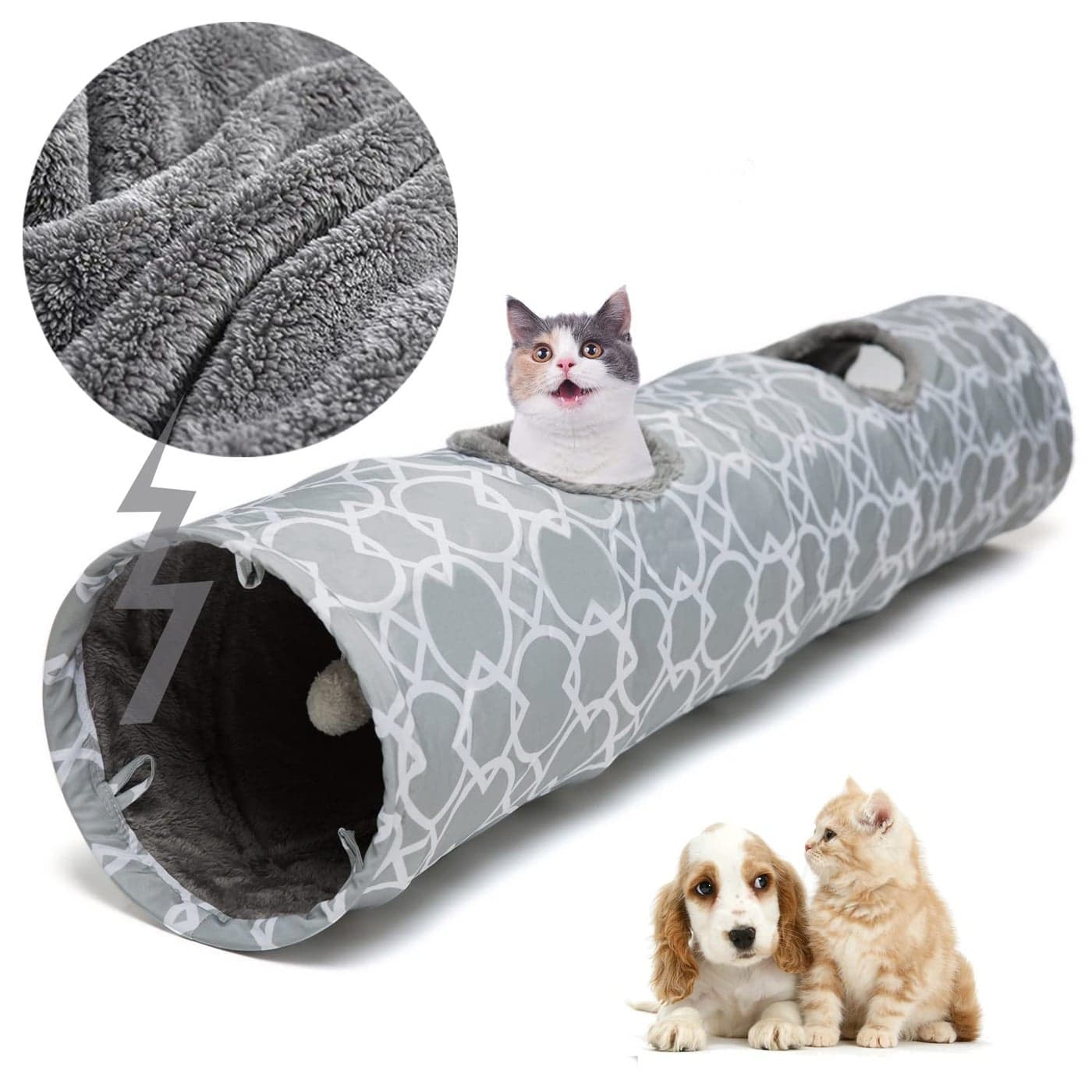 LUCKITTY Geometric Straight Cat Tunnel with Plush InsideCats Toys Collapsible Tunnel Tube with Balls for Rabbits Kittens FerretsPuppy Diameter 98 Inch