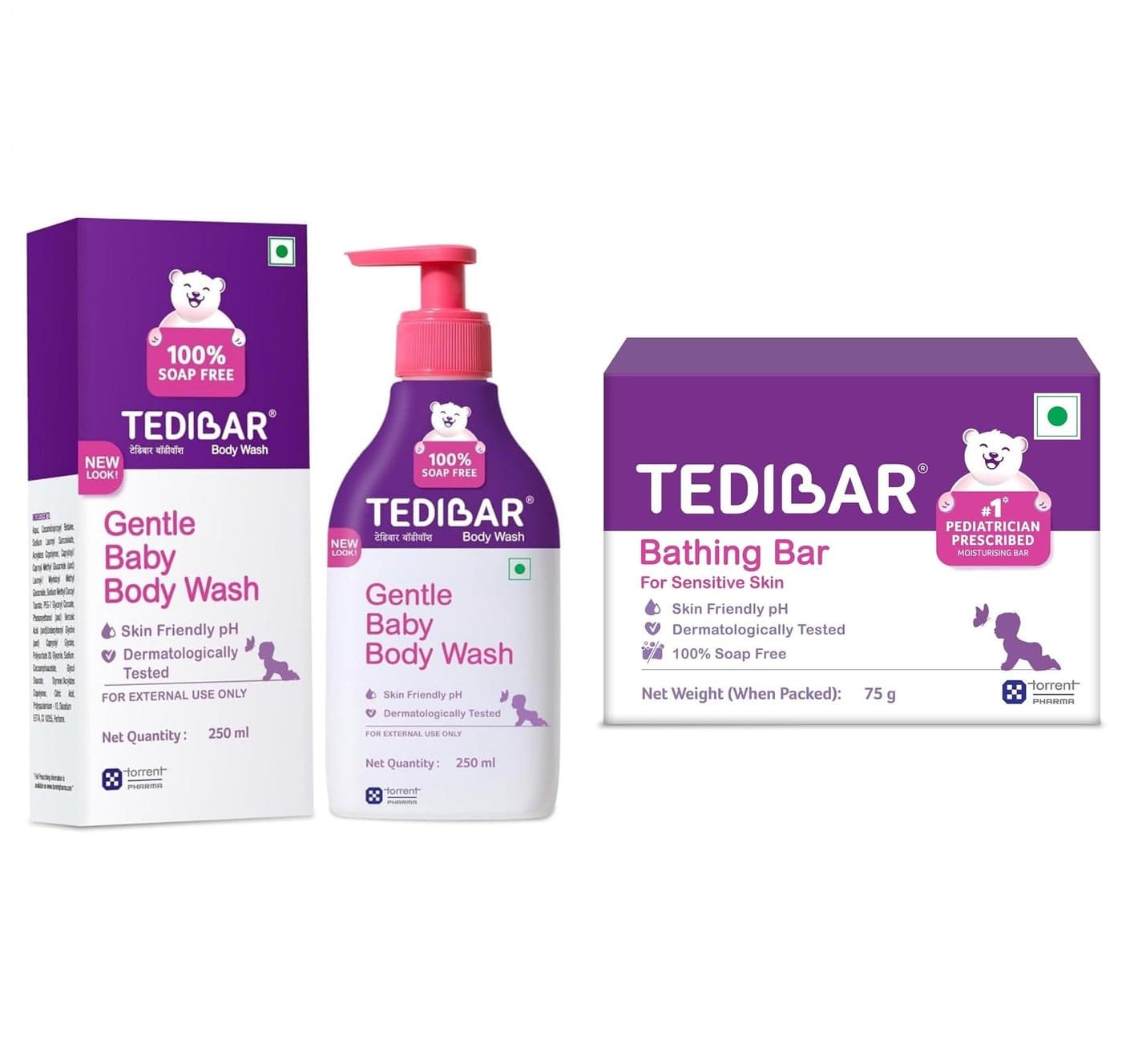 Tedibar Rich Moisturising Baby Body Wash 250ml with Skin Friendly PH with Tedibar Moisturising Baby Bathing Bar 75g(Pack of 1)|100% Soap Free|Prev