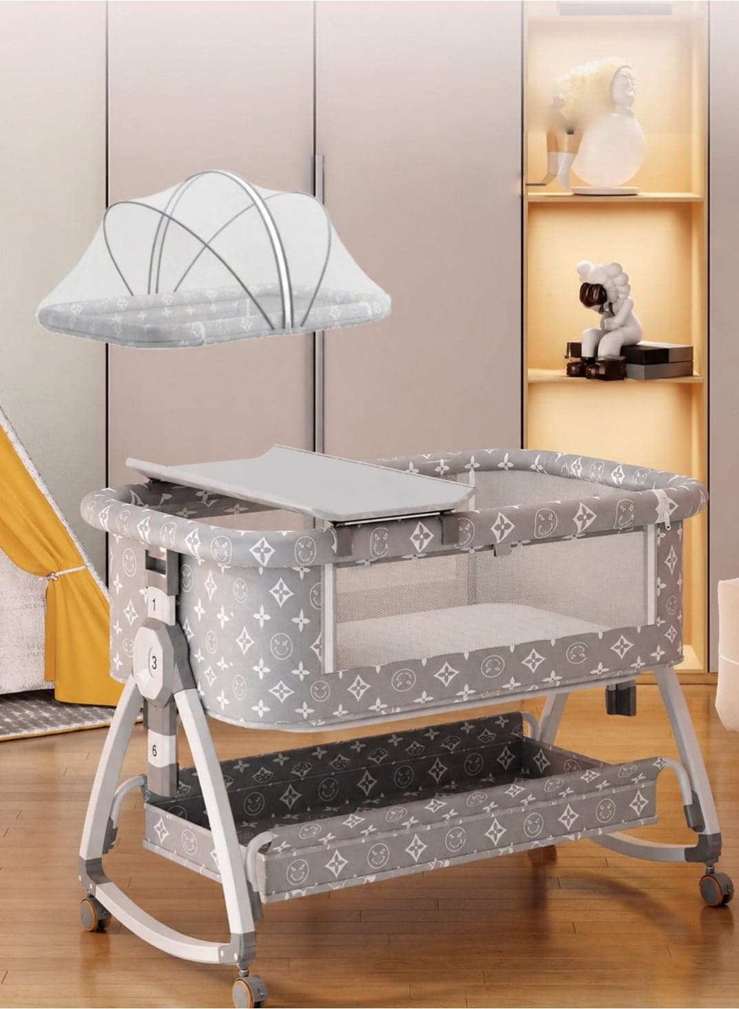 Baby Bassinet,3 in 1 Bedside Bassinet for Baby,6 Height Adjustable,Tilt for Anti-Reflux, Mosquito Net, Diaper Changing Station & Latex Mattress,Foldable Baby Bassinets Bedside Sleeper,Mesh Bedside Crib with Wheels and Storage Basket