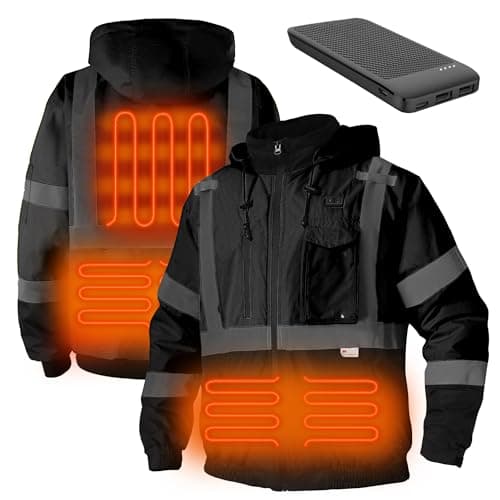 DPSAFETY Safety Heated Jacket,Reflective Heated Jacket,Waterproof CLASS 3 Hi-Vis jacket with Detachable hood, High Visibility Work Construction Coat for men&women (Black 2XL)