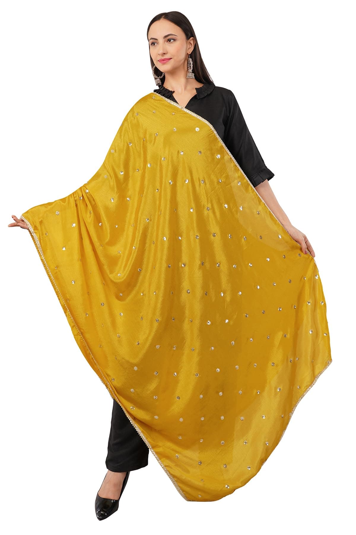 Negchaar Mustard Yellow Chinnon Sequins Butti Dupatta for Women | Festive Bridal Wedding Chunni | Best for Kurti, Salwar Suit, Ethnic And Casual Wear | Yellow Dupatta for women | Chunnis for Women