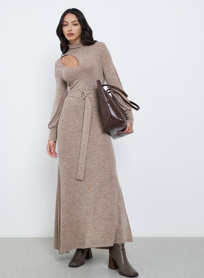 Brown Cut-Out Detail Belted Sweater Maxi Dress