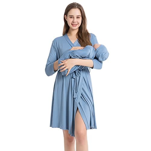 Galabloomer Maternity Robe and Baby Receiving Blanket, Matching Mommy Labor Delivery Robe and Swaddle Set Denim blue