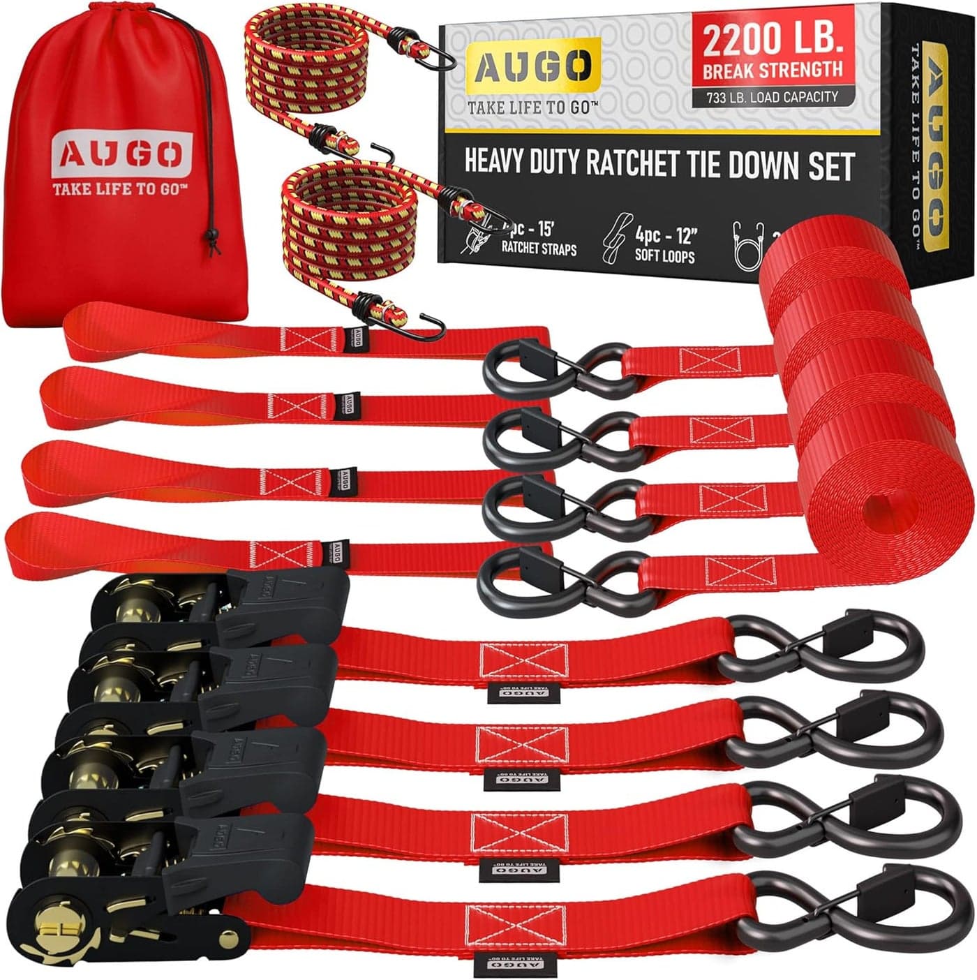 AUGO Heavy Duty Ratchet Tie Down Straps Set - 4 Pack, 15 FT, 2200 LB Break Strength