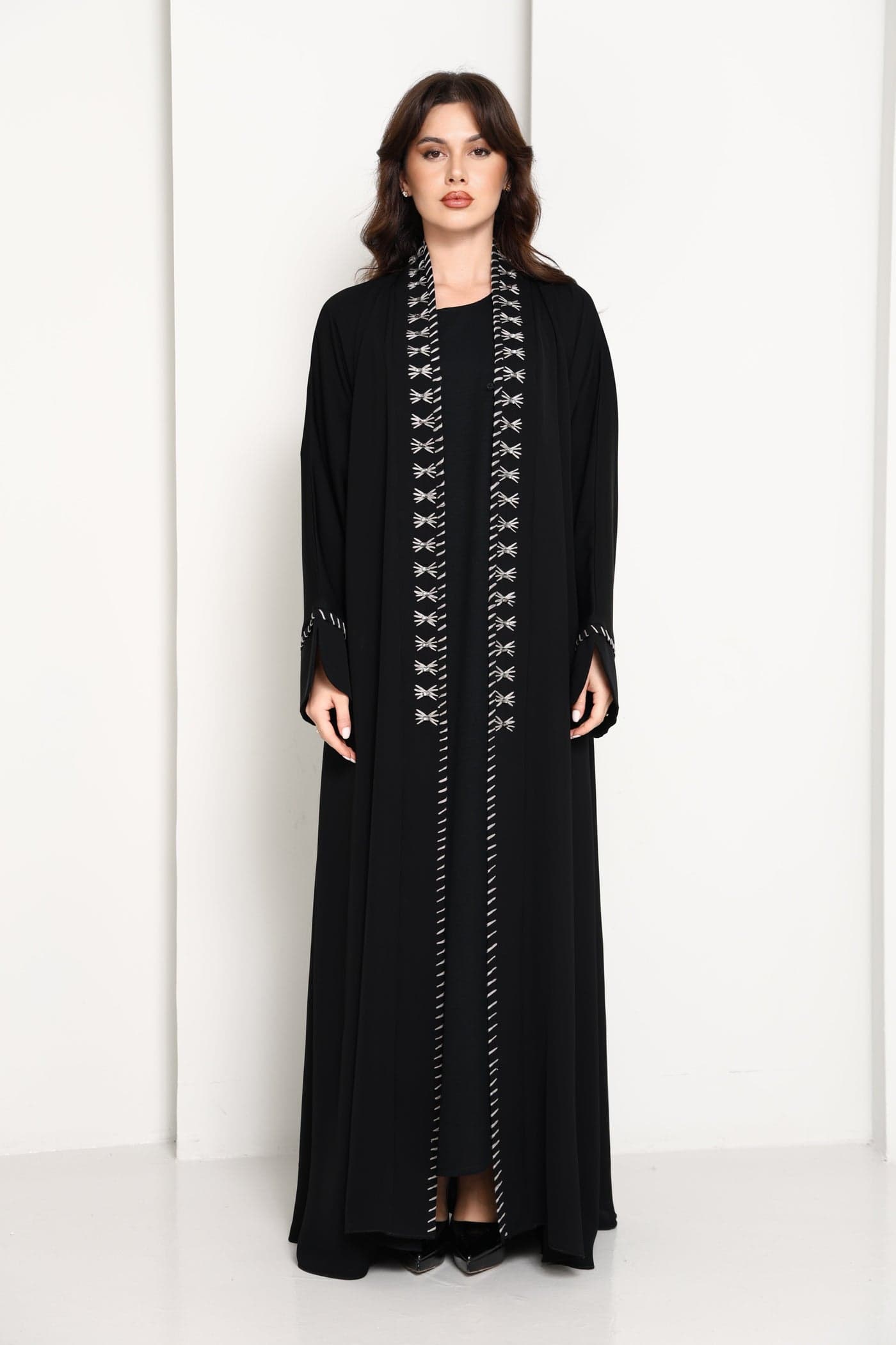 Jet Black Open Abaya with Contrast Thread Work Front Panels and Sleeves