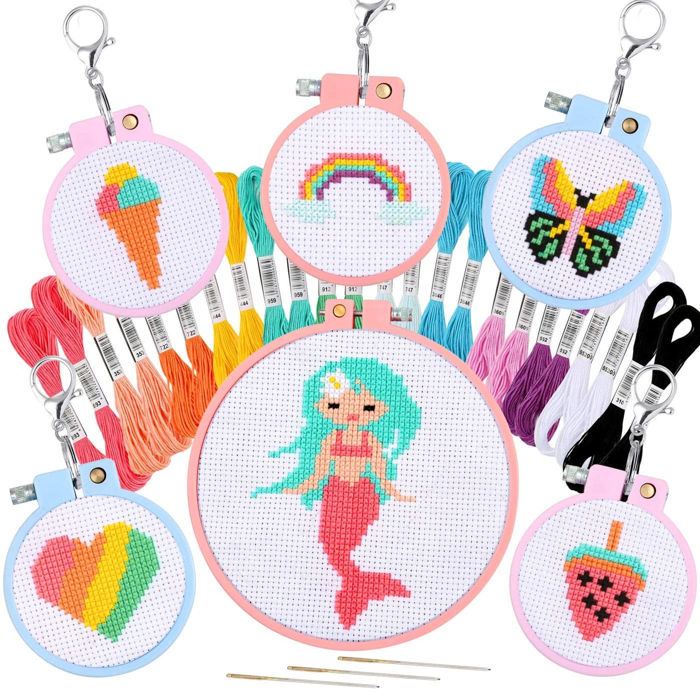 Pllieay 6 Pcs Cross Stitch Kits for Beginners for Kids 7-13, Kids Embroidery Kit Needlepoint Kit Arts and Crafts Kit with Instructions for Backpack Charms, Ornaments and Needle Craft