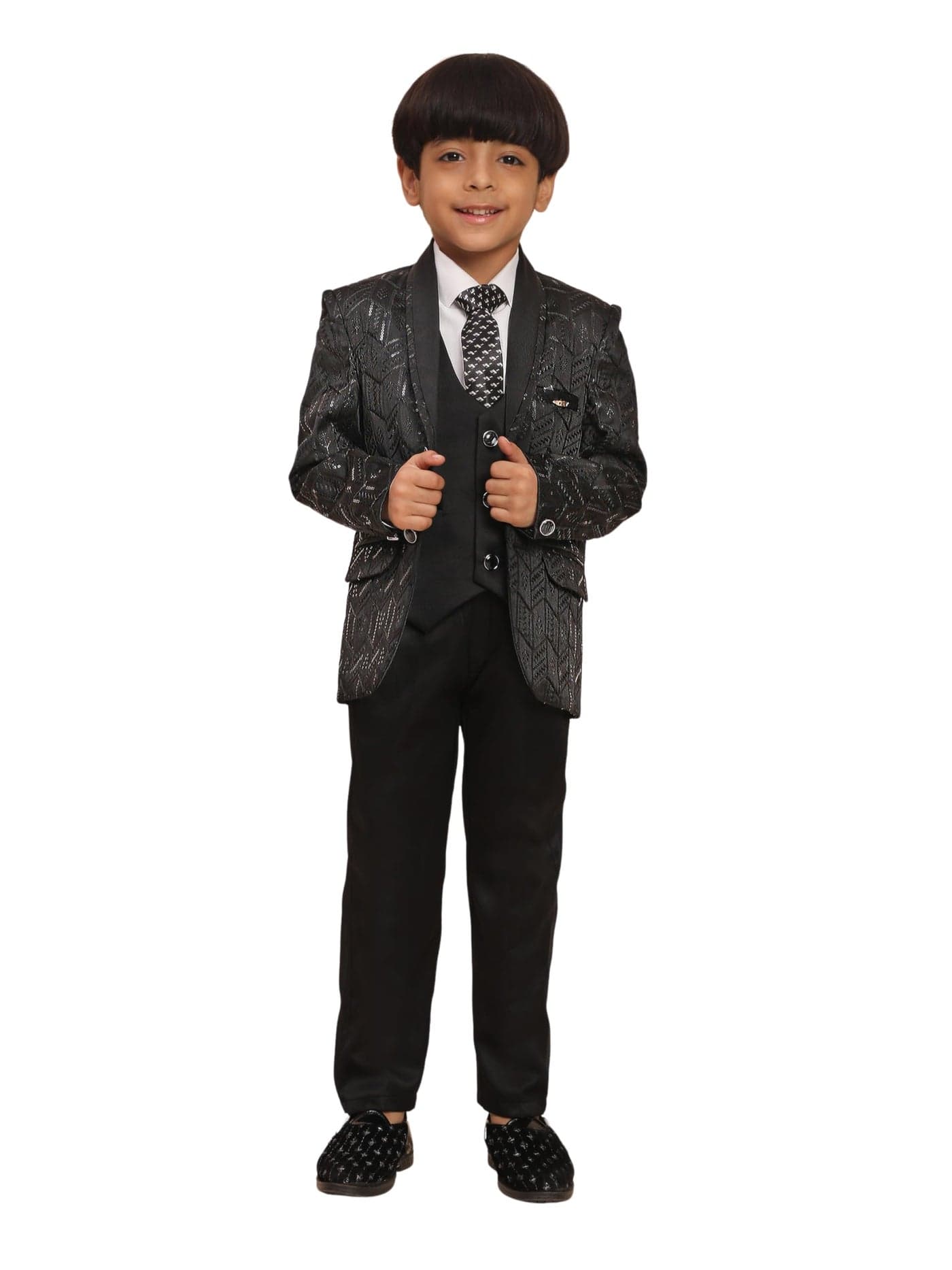 Pro-Ethic Style Developer 5 Piece Boys Embellished Suit Set for Kids Wedding Outfit | Set of Shirt, Regular Fit Pants, Coat, Waistcoat and Tie for Kids, Black, 5-6 Years