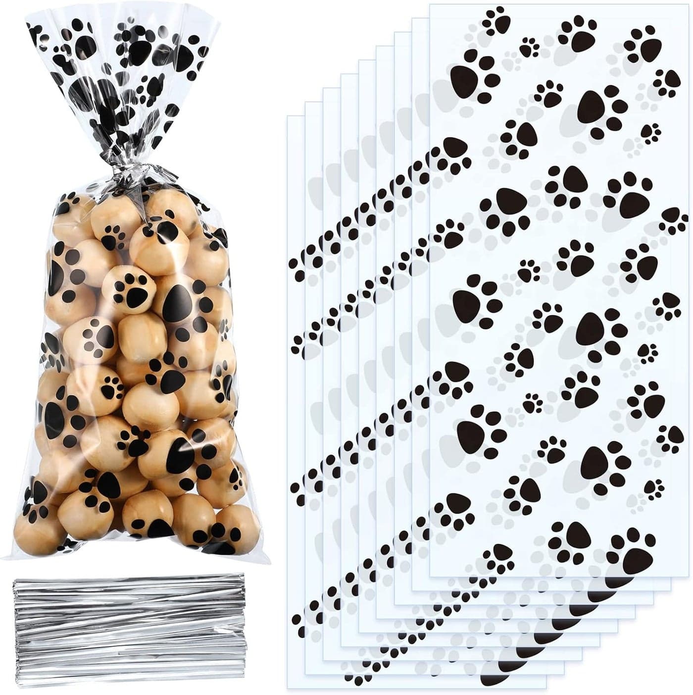 Blulu 100 Pieces Pet Paw Cone Cellophane Bags Heat Sealable Candy Dog Paw Gift Cat Treat Bags with 100 Pieces Silver Twist Ties for Pet Treat Party Favor