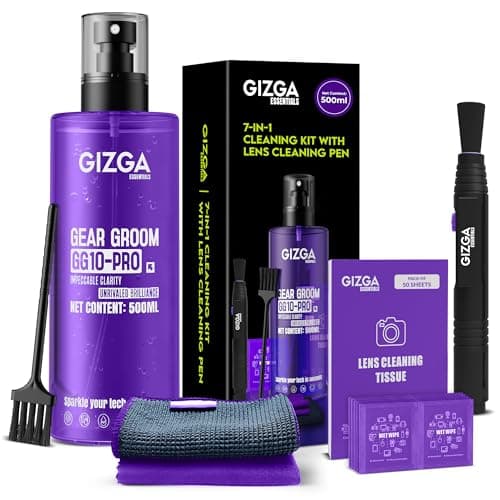 Gizga Pro Series 7-in-1 Cleaning KIT - 500ml Cleaning Spray, DSLR Lens Pen, 50-Lens Tissues, Soft Brush, 10 Wet Wipes, Microfiber Cloths| Ideal for Camera Lens and All Gadgets